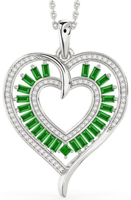 Large Diamond Emerald Silver Heart Necklace