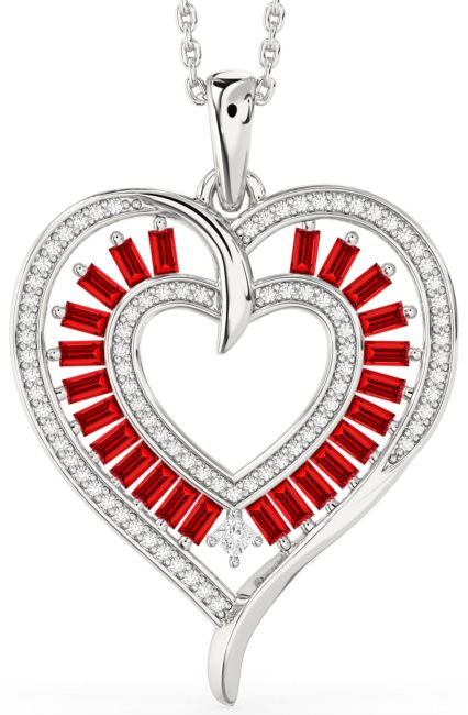 Large Diamond & Ruby Silver Heart Necklace