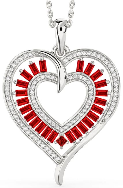 Large Diamond Ruby Silver Heart Necklace