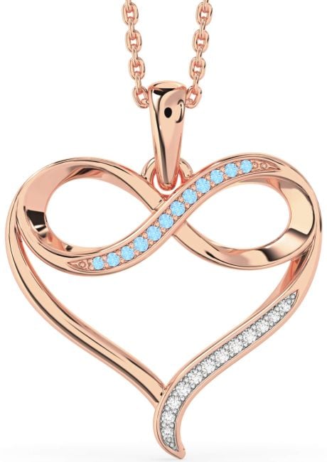 Large Diamond & Aquamarine Rose Gold Silver Heart Infinity Necklace