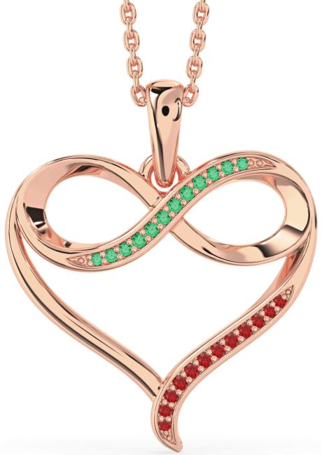 Large Emerald & Ruby Rose Gold Heart Infinity Necklace