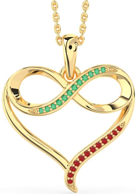 Large Emerald & Ruby Gold Heart Infinity Necklace