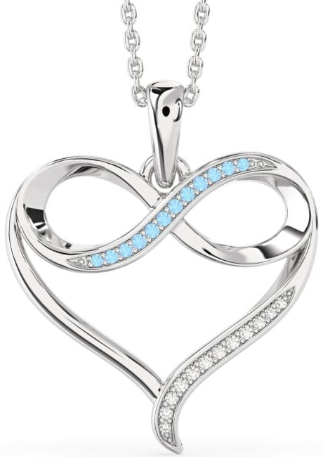 Large Diamond & Aquamarine White Gold Heart Infinity Necklace