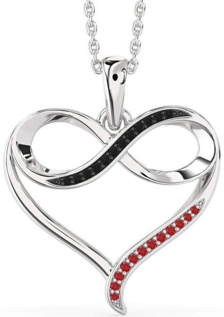 Large Black Diamond & Ruby Silver Heart Infinity Necklace