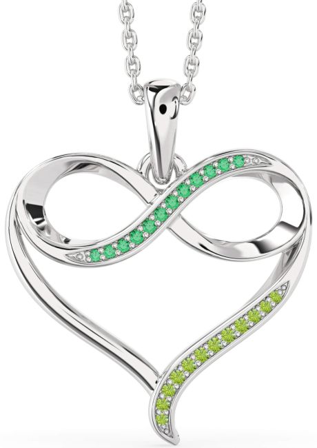 Large Emerald & Peridot Silver Heart Infinity Necklace
