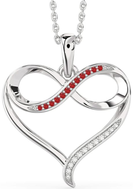 Large Diamond & Ruby Silver Heart Infinity Necklace