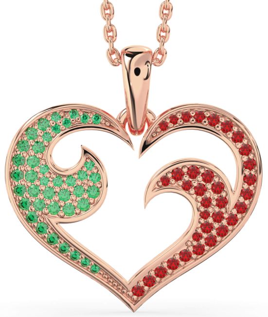 Large Emerald & Ruby Rose Gold Heart Necklace