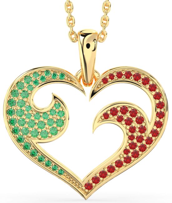Large Emerald & Ruby Gold Heart Necklace
