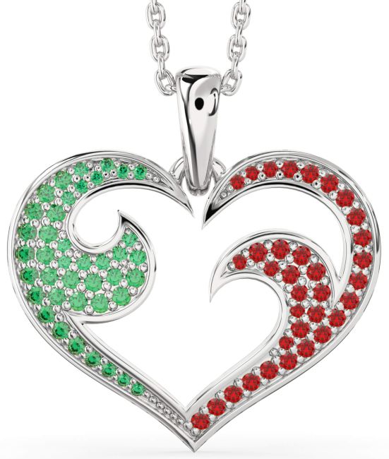 Large Emerald & Ruby Platinum Heart Necklace