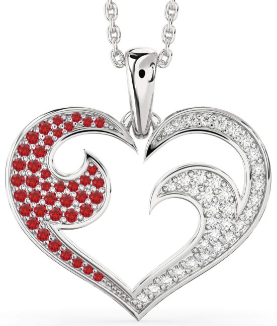 Large Diamond & Ruby Silver Heart Necklace