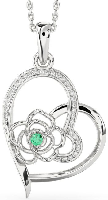 Diamond Emerald Silver Heart Flower Necklace