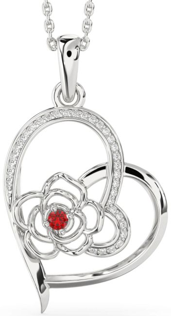 Diamond Ruby Silver Heart Flower Necklace