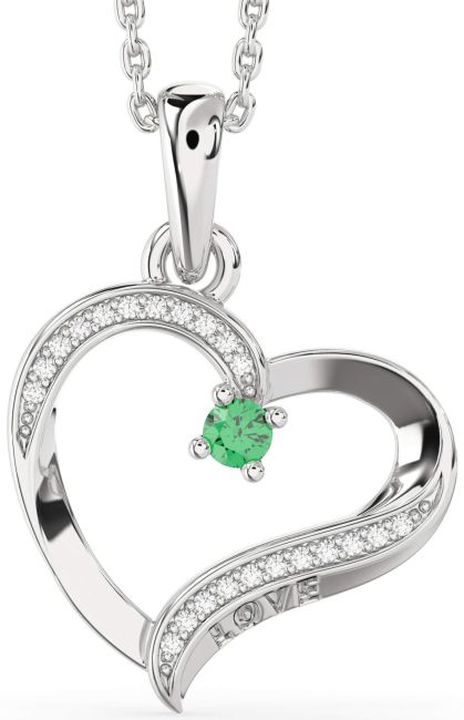 Diamond Emerald Silver Heart Necklace
