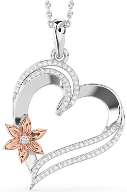 Large Diamond White Rose Gold Heart Flower Necklace