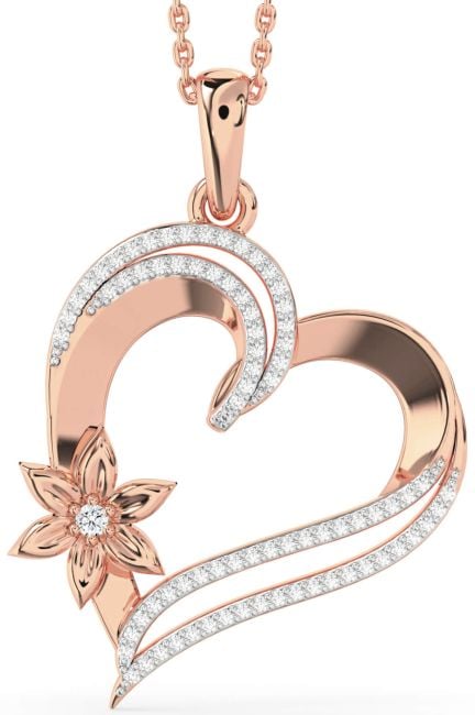 Large Diamond Rose Gold Silver Heart Flower Necklace