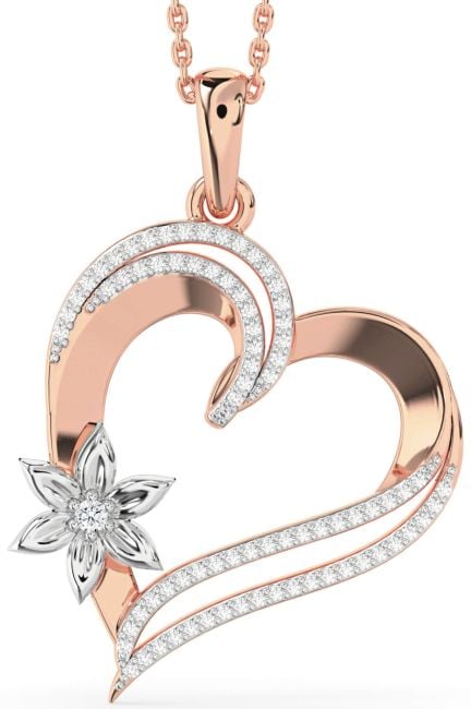 Large Diamond White Rose Gold Heart Flower Necklace