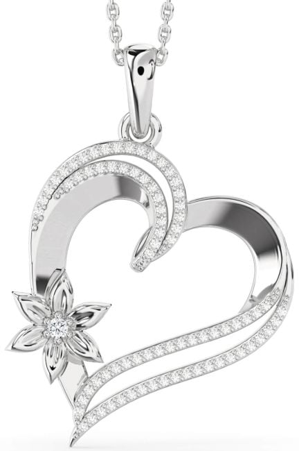 Large Diamond White Gold Heart Flower Necklace