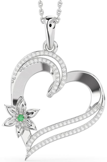 Large Diamond Emerald Silver Heart Flower Necklace