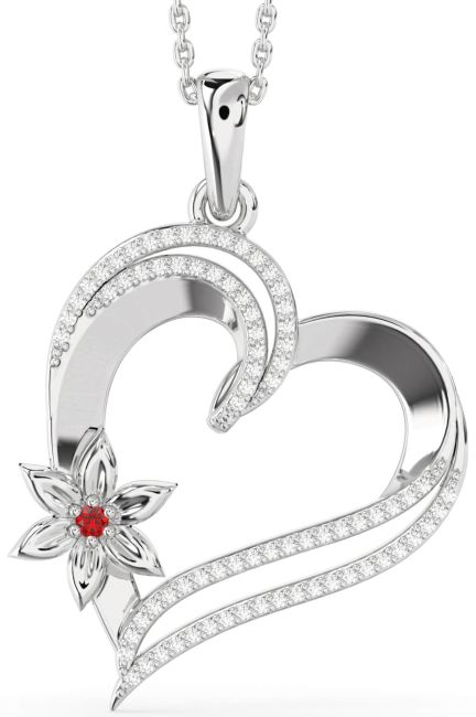 Large Diamond Ruby Silver Heart Flower Necklace