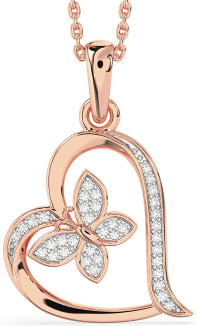 Diamond Rose Gold Silver Heart Butterfly Necklace