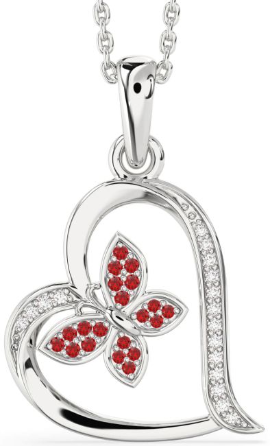 Diamond Ruby Silver Heart Butterfly Necklace