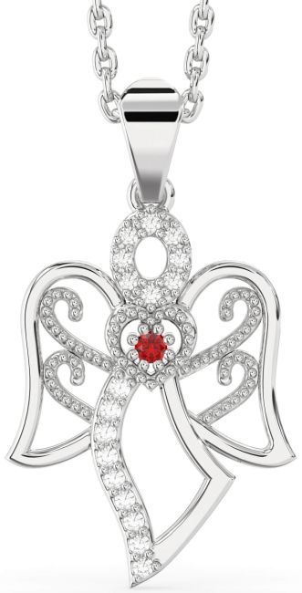 Diamond Ruby Silver Angel Necklace