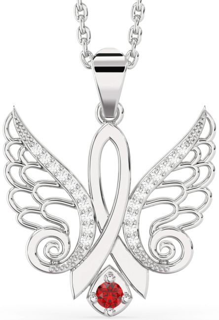 Diamond Ruby Silver Angel Necklace