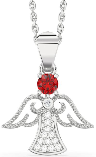 Diamond Ruby Silver Angel Necklace