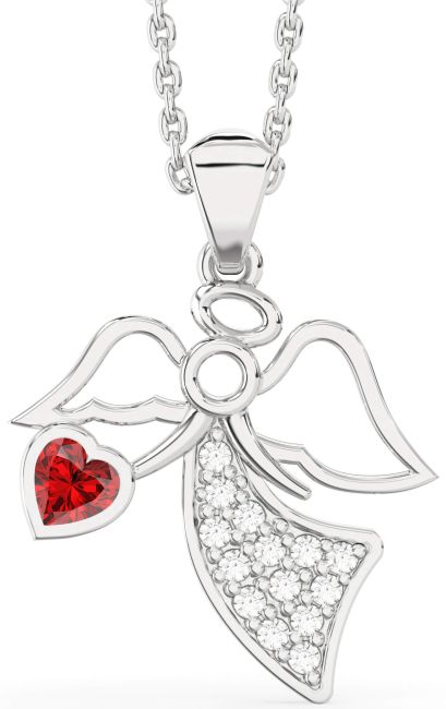 Diamond & Ruby Silver Angel Necklace