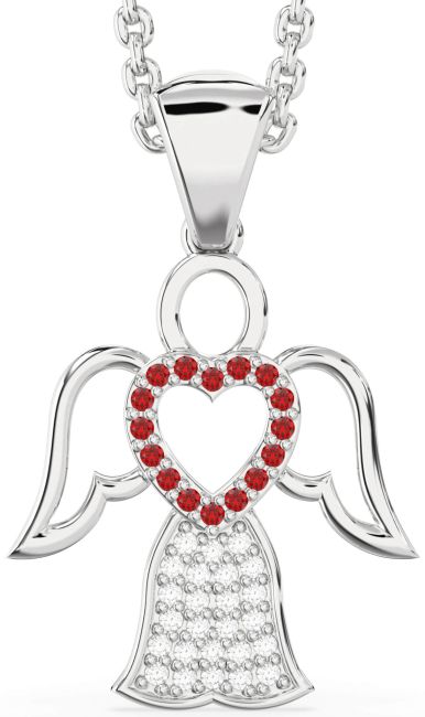 Diamond & Ruby Silver Angel Necklace