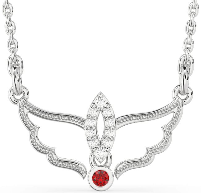 Diamond & Ruby Silver Angel Necklace