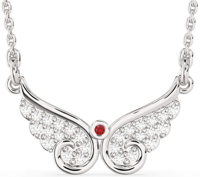 Large Diamond & Ruby Silver Angel Necklace