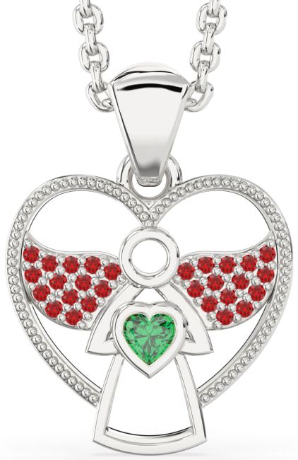 Emerald & Ruby Silver Angel Heart Necklace