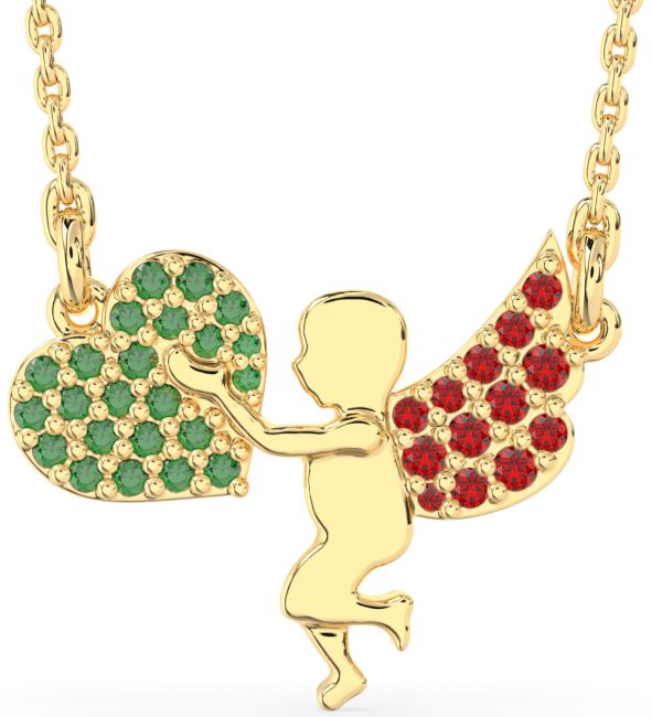 Emerald & Ruby Gold Angel Heart Necklace