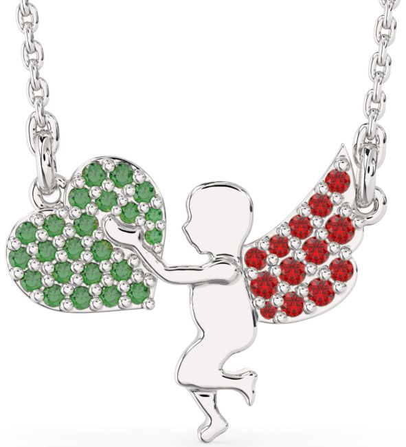 Emerald & Ruby White Gold Angel Heart Necklace