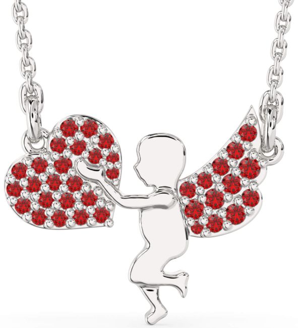 Ruby Silver Angel Heart Necklace