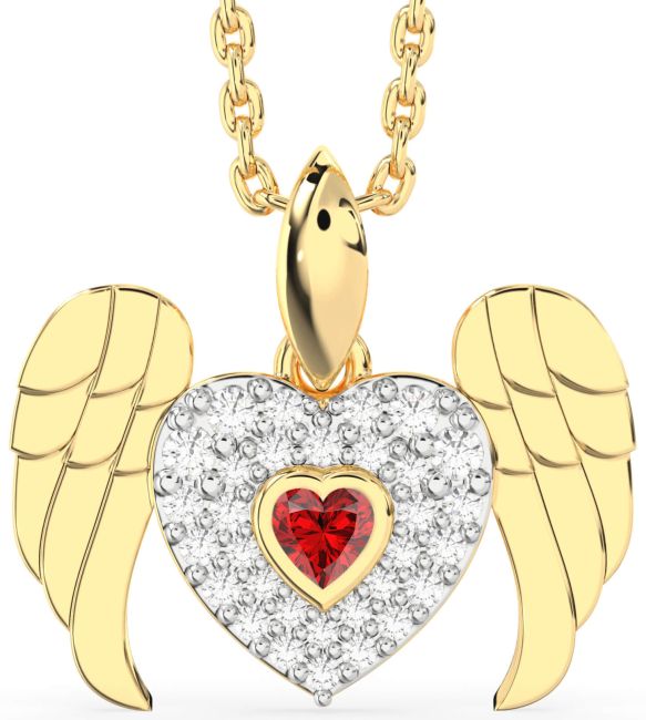 Ruby Gold Heart Wings Necklace