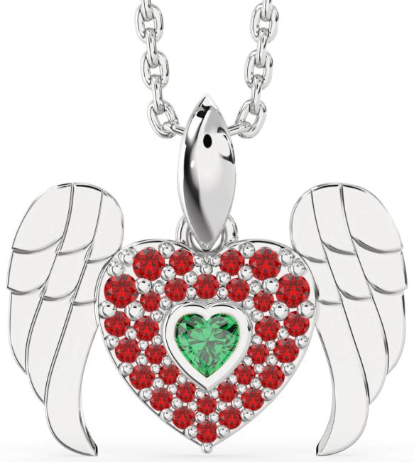 Emerald & Ruby Platinum Heart Wings Necklace
