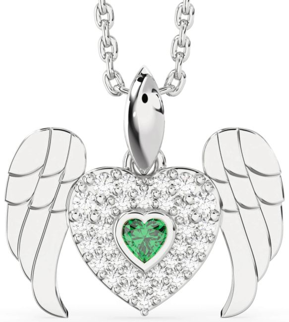 Emerald Platinum Heart Wings Necklace
