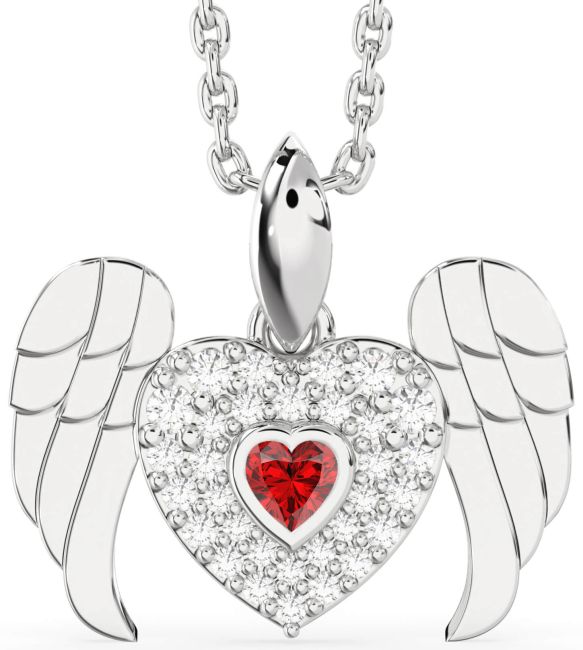 Ruby Silver Heart Wings Necklace
