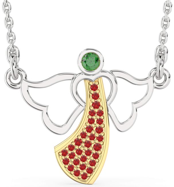 Emerald & Ruby Gold Silver Angel Necklace