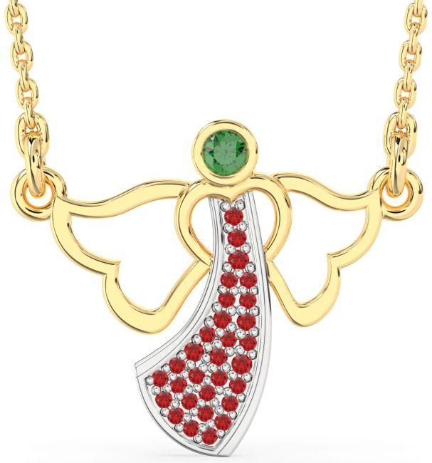 Emerald & Ruby Gold Silver Angel Necklace