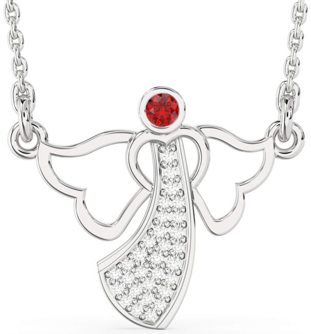 Diamond & Ruby Silver Angel Necklace