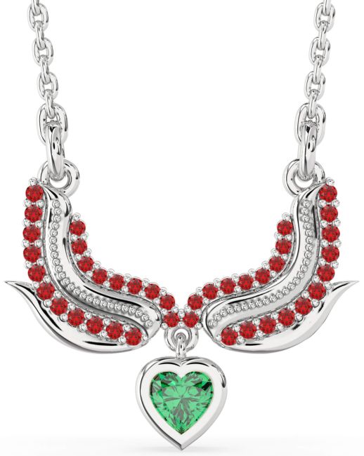 Emerald & Ruby Platinum Wings Heart Necklace