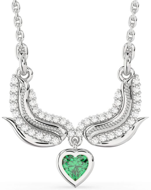 Emerald Platinum Wings Heart Necklace