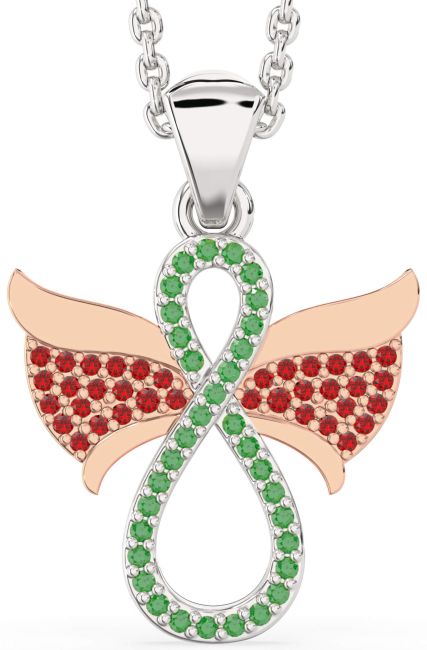 Emerald & Ruby Rose Gold Silver Angel Infinity Necklace