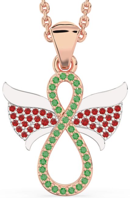 Emerald & Ruby White Rose Gold Angel Infinity Necklace