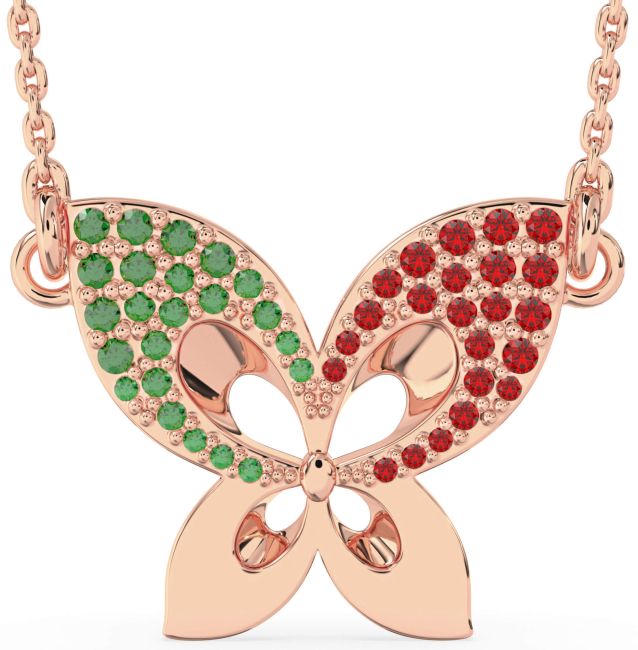 Emerald & Ruby Rose Gold Butterfly Necklace