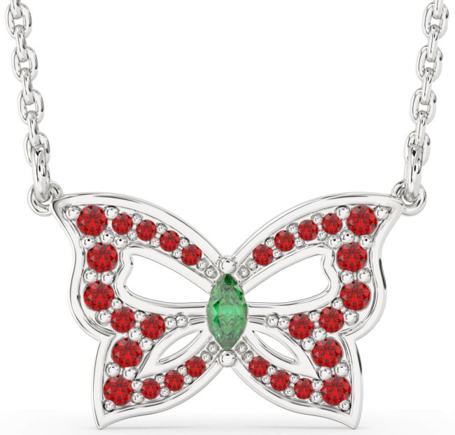 Emerald & Ruby Platinum Butterfly Necklace