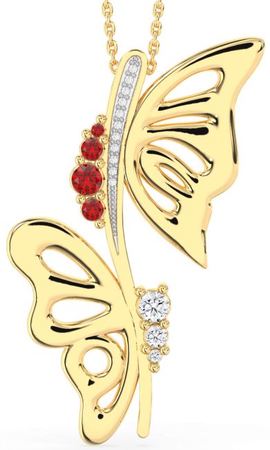 Large Diamond Ruby Gold Silver Butterfly Necklace